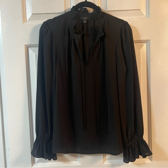 J. Crew Drapey ruffle tie-neck top long sleeve black v-neck BI903 small EUC - Picture 2 of 9